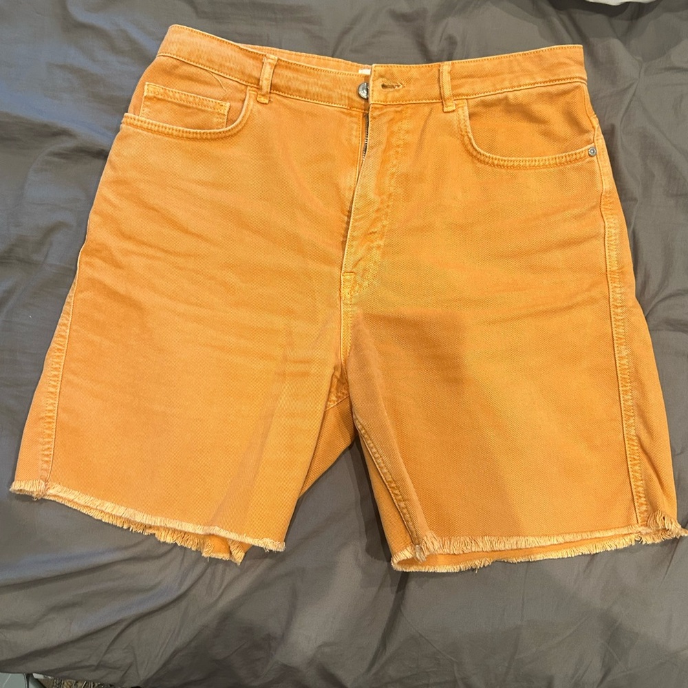 Mango Orange Yellow Jean Shorts with Frayed Hem